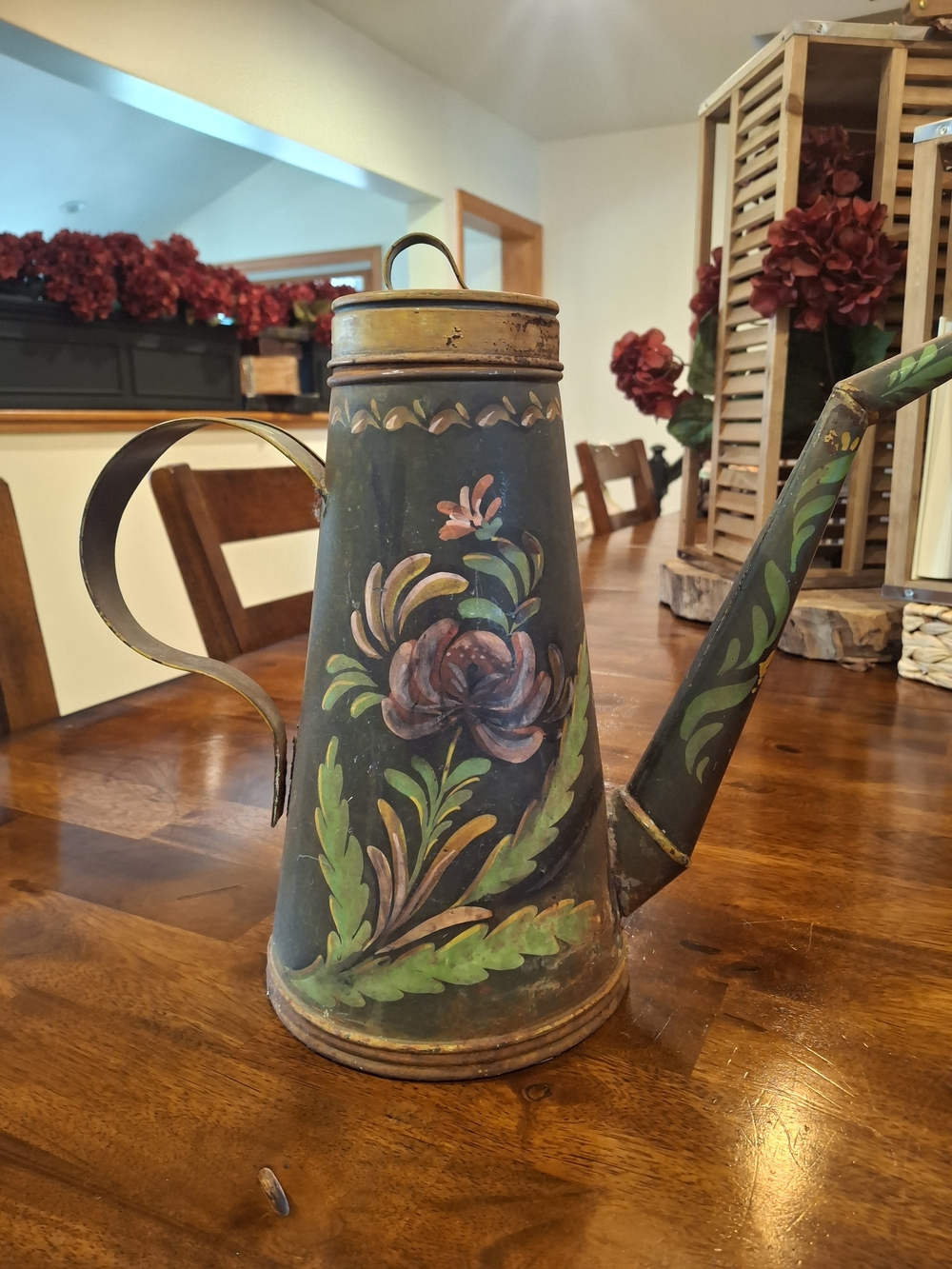 Vintage Hand-Painted Metal Watering Can - Green Floral Home Art